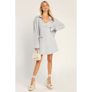 Lulus Perfectly Paired Grey Gingham Two-piece Shirt Dress Set - Size XL